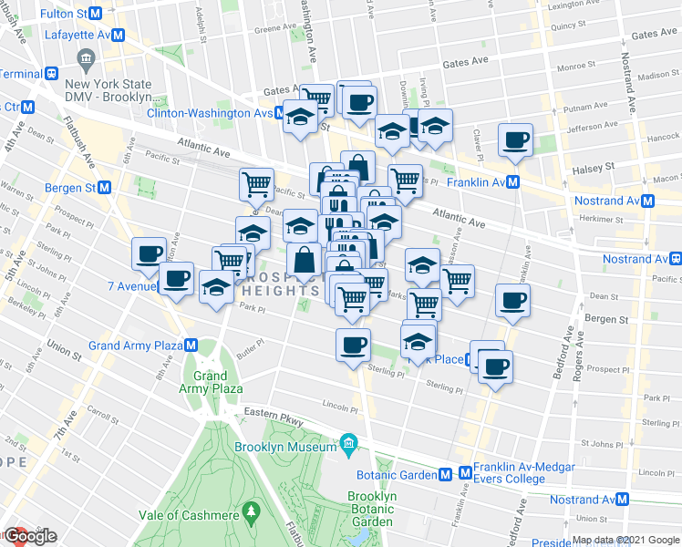 map of restaurants, bars, coffee shops, grocery stores, and more near 751 Bergen Street in Brooklyn