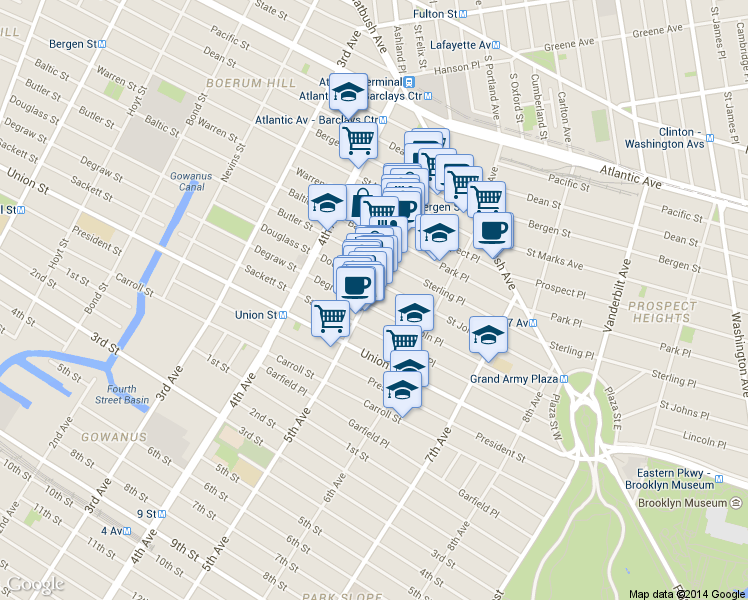 map of restaurants, bars, coffee shops, grocery stores, and more near 19 Saint Johns Place in Brooklyn