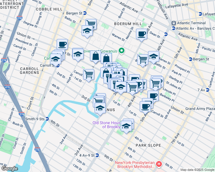 map of restaurants, bars, coffee shops, grocery stores, and more near 469 President Street in Brooklyn