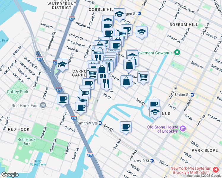 map of restaurants, bars, coffee shops, grocery stores, and more near 21 3rd Street in Brooklyn