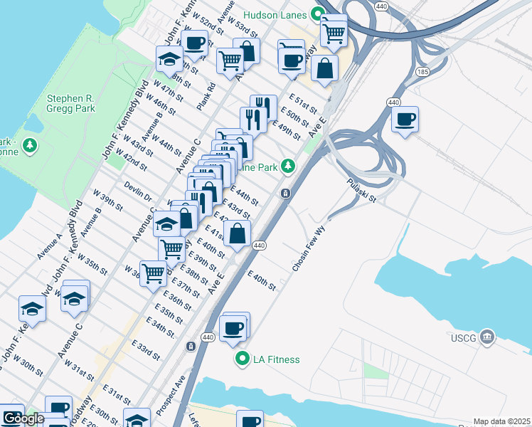map of restaurants, bars, coffee shops, grocery stores, and more near 709 Avenue E in Bayonne