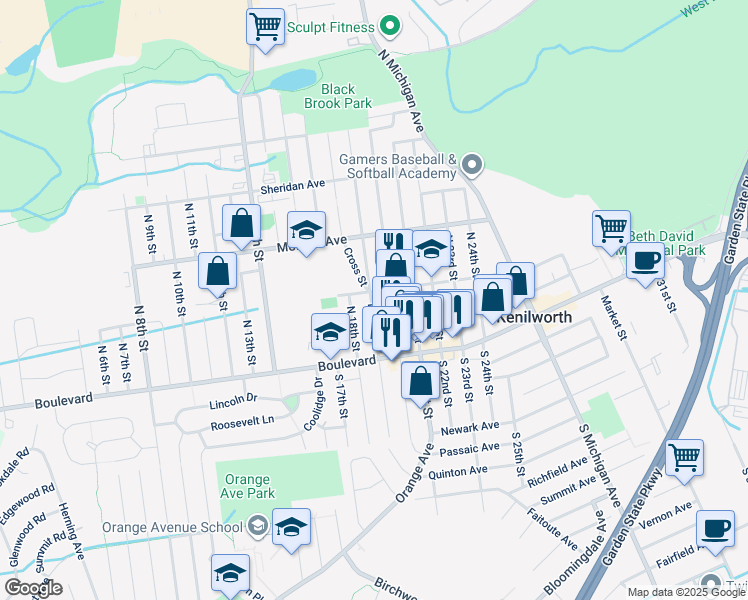 map of restaurants, bars, coffee shops, grocery stores, and more near 109 North 19th Street in Kenilworth