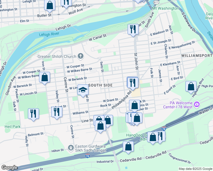 map of restaurants, bars, coffee shops, grocery stores, and more near 378 West Berwick Street in Easton