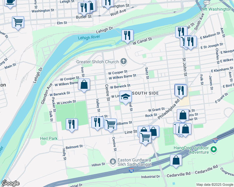 map of restaurants, bars, coffee shops, grocery stores, and more near 530 West Berwick Street in Easton