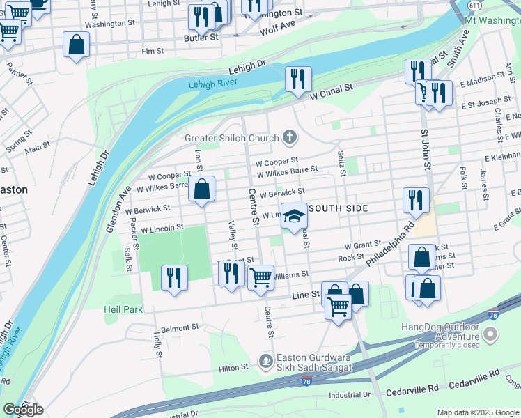 map of restaurants, bars, coffee shops, grocery stores, and more near 627 West Berwick Street in Easton
