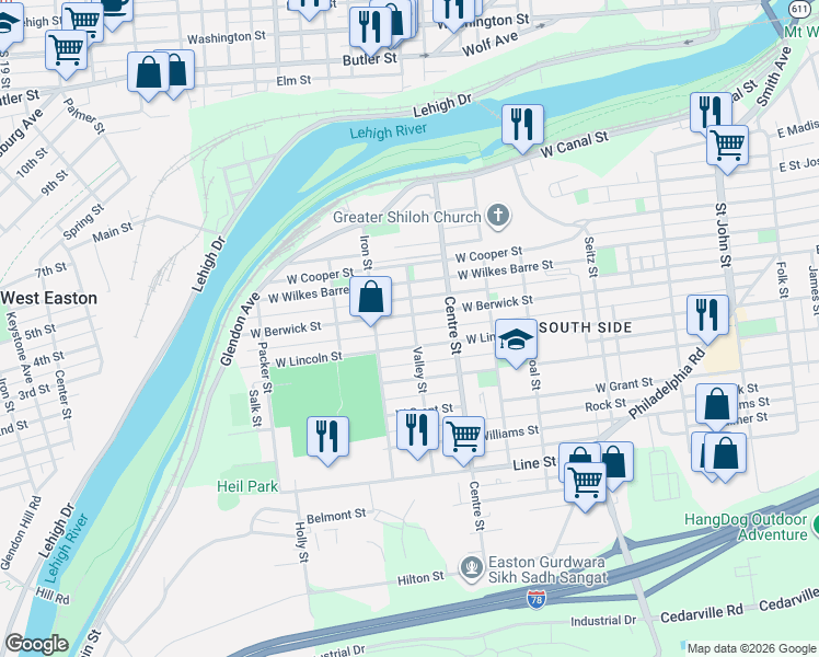 map of restaurants, bars, coffee shops, grocery stores, and more near 717 West Berwick Street in Easton