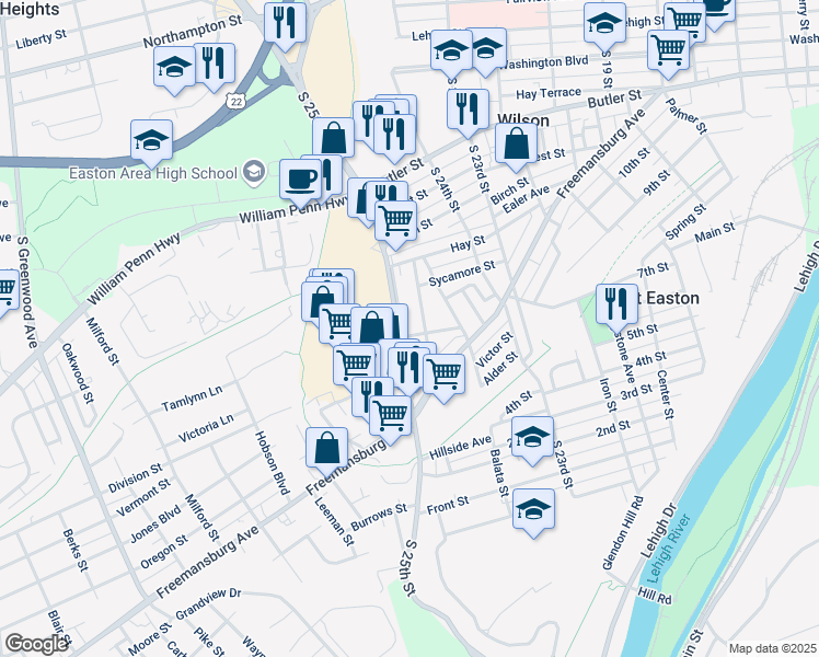 map of restaurants, bars, coffee shops, grocery stores, and more near 829 Miller Street in Easton