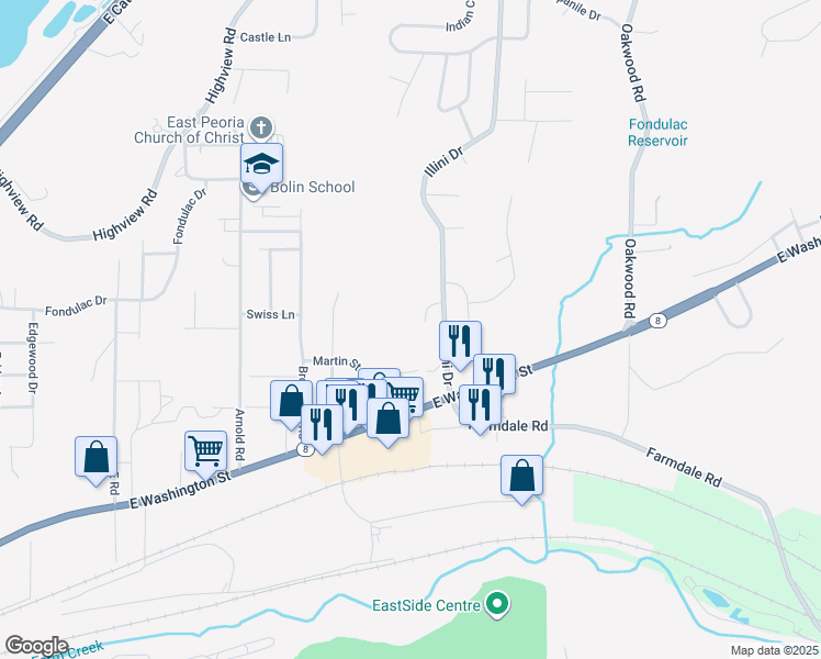 map of restaurants, bars, coffee shops, grocery stores, and more near Manor Lane in East Peoria