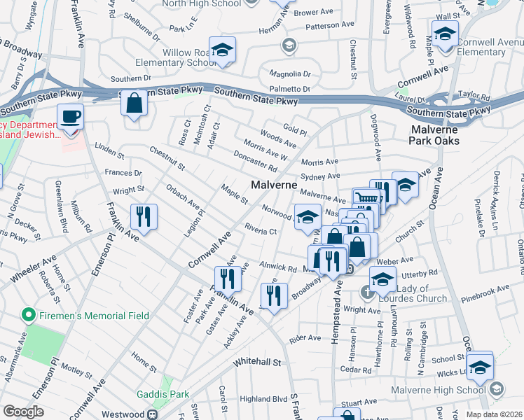 map of restaurants, bars, coffee shops, grocery stores, and more near 165 Norwood Avenue in Malverne