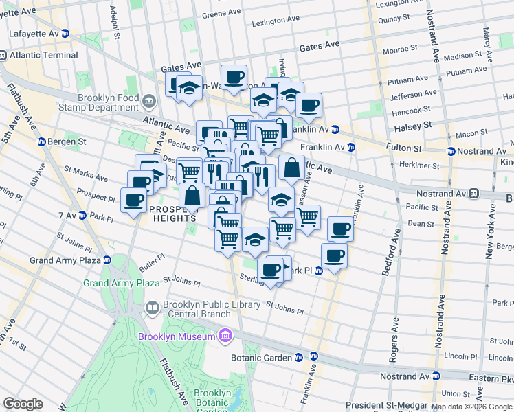 map of restaurants, bars, coffee shops, grocery stores, and more near Brooklyn Bergen St in Brooklyn