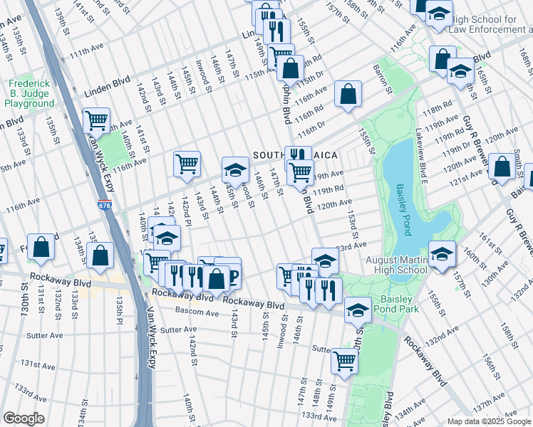 map of restaurants, bars, coffee shops, grocery stores, and more near 119-30 146th Street in Queens