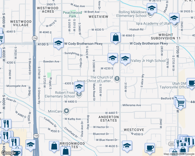 map of restaurants, bars, coffee shops, grocery stores, and more near 3355 West Meadowbrook Drive in West Valley City
