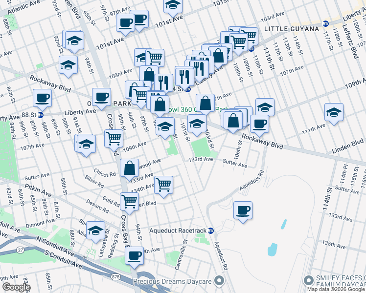map of restaurants, bars, coffee shops, grocery stores, and more near 107-77 100th Street in Queens