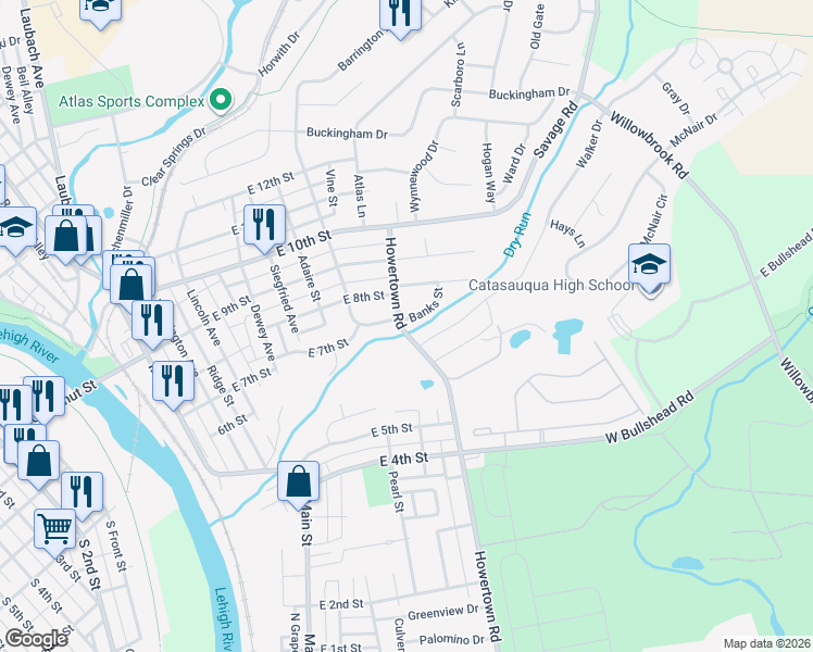 map of restaurants, bars, coffee shops, grocery stores, and more near 801 Howertown Road in Northampton
