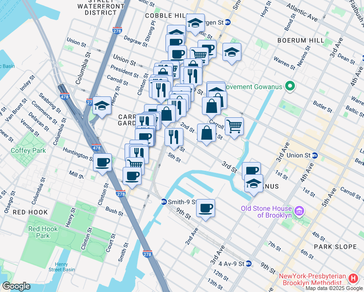 map of restaurants, bars, coffee shops, grocery stores, and more near 21 3rd Street in Brooklyn