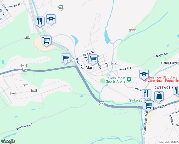 map of restaurants, bars, coffee shops, grocery stores, and more near 213 Walnut Street in Marlin