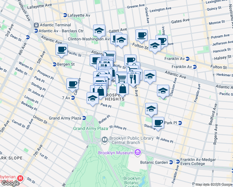 map of restaurants, bars, coffee shops, grocery stores, and more near 80 Underhill Avenue in Brooklyn