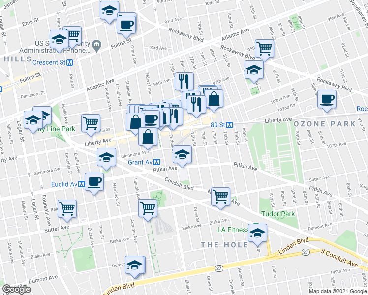 map of restaurants, bars, coffee shops, grocery stores, and more near Glenmore Ave & Drew St in Brooklyn