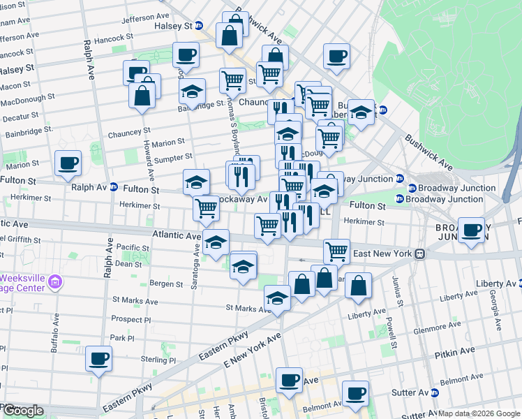 map of restaurants, bars, coffee shops, grocery stores, and more near 1233 Herkimer Street in Brooklyn