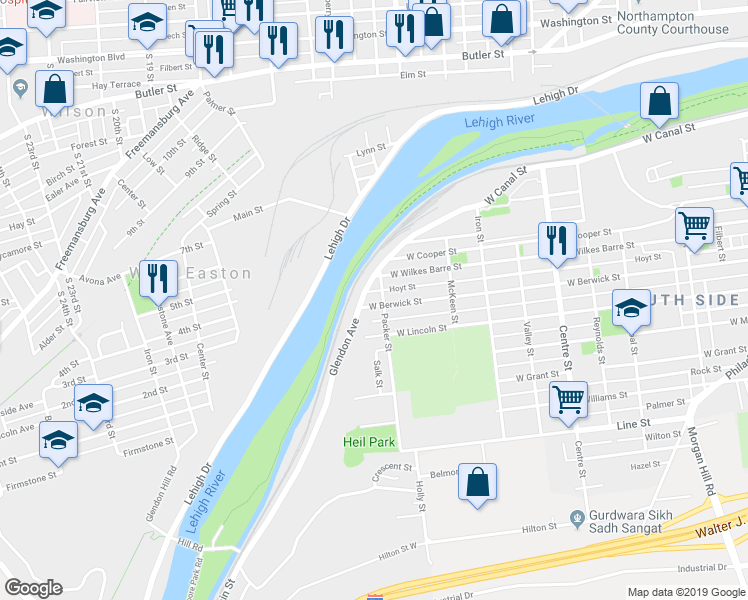 map of restaurants, bars, coffee shops, grocery stores, and more near 1107 West Berwick Street in Easton