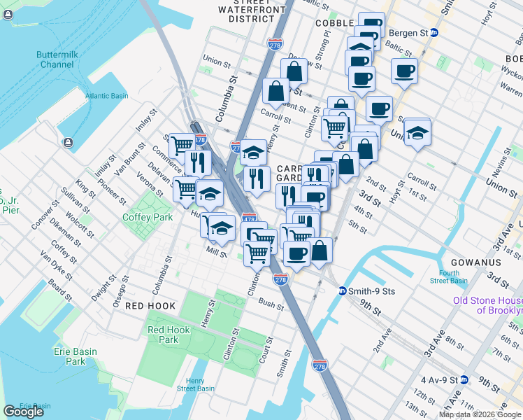 map of restaurants, bars, coffee shops, grocery stores, and more near 98 Luquer Street in Brooklyn