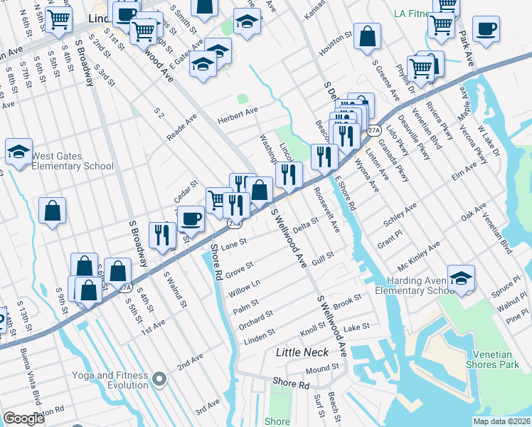 map of restaurants, bars, coffee shops, grocery stores, and more near 12 West Montauk Highway in Lindenhurst