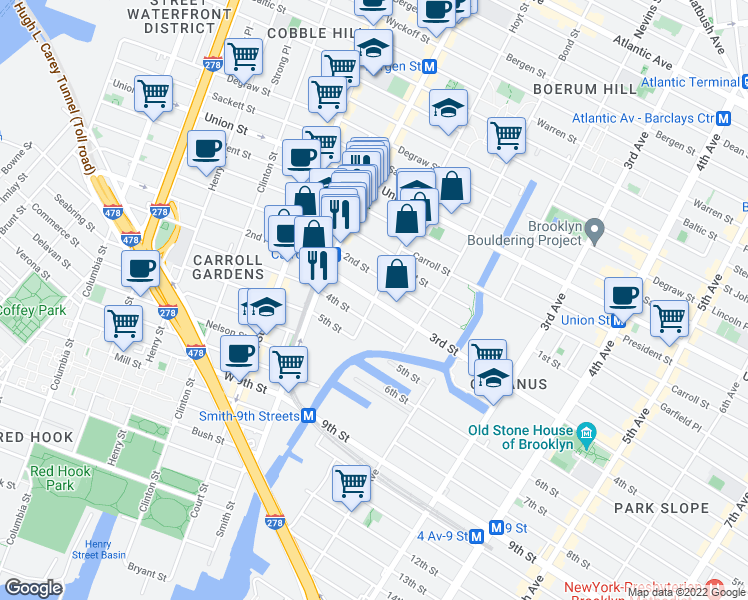 map of restaurants, bars, coffee shops, grocery stores, and more near 3rd Street & Hoyt Street in Brooklyn