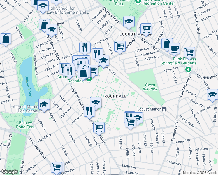 map of restaurants, bars, coffee shops, grocery stores, and more near 168-14 127th Avenue in Queens