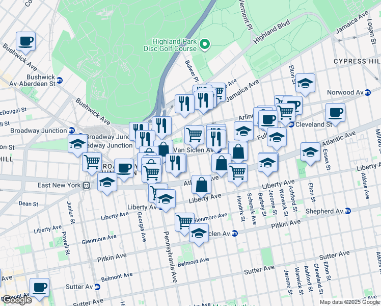 map of restaurants, bars, coffee shops, grocery stores, and more near 35 Wyona Street in Brooklyn