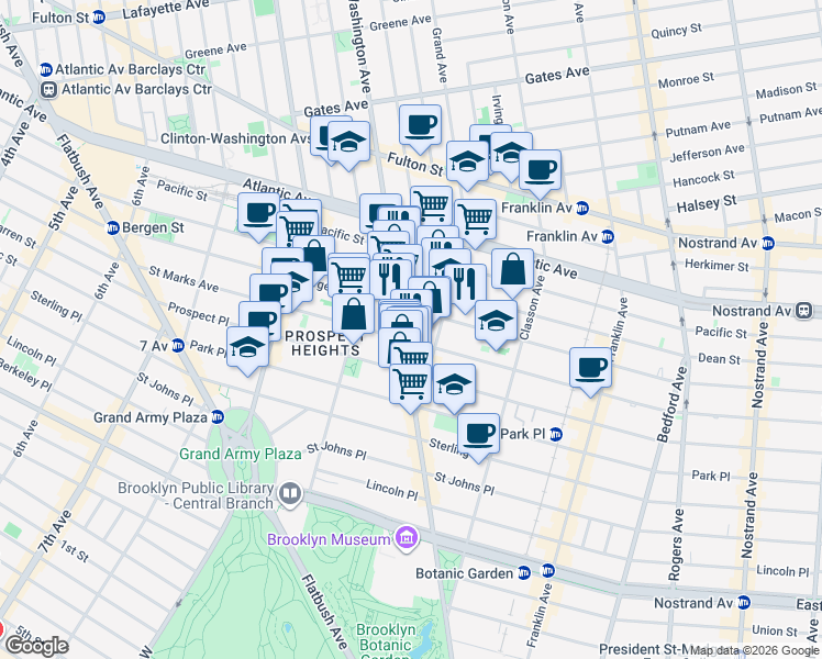 map of restaurants, bars, coffee shops, grocery stores, and more near 653 Washington Avenue in Brooklyn