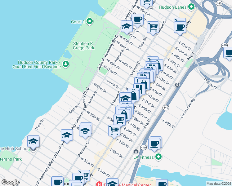 map of restaurants, bars, coffee shops, grocery stores, and more near 70 West 40th Street in Bayonne