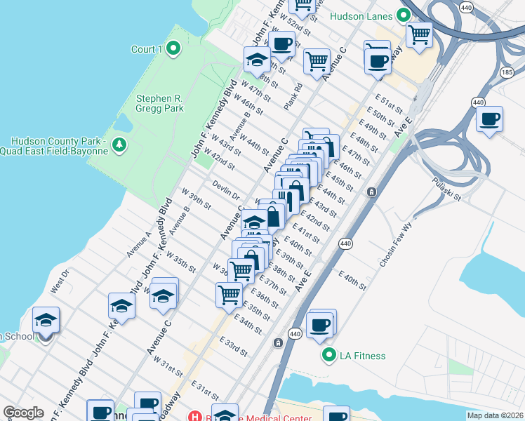 map of restaurants, bars, coffee shops, grocery stores, and more near 900 Avenue C in Bayonne