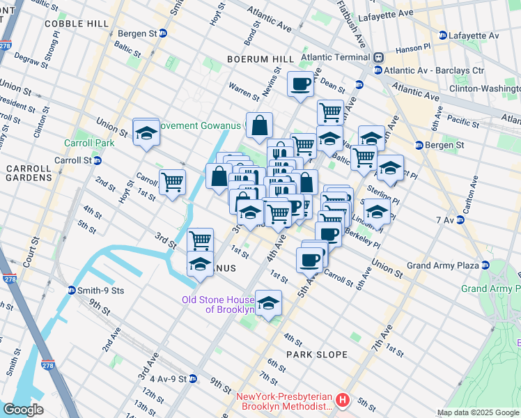 map of restaurants, bars, coffee shops, grocery stores, and more near 625 Union Street in Brooklyn