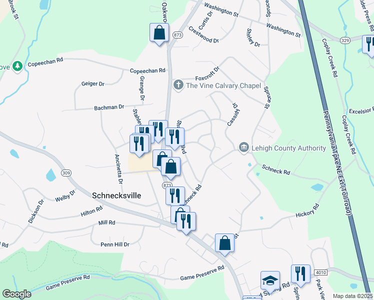 map of restaurants, bars, coffee shops, grocery stores, and more near 4243 Mohican Drive in Schnecksville