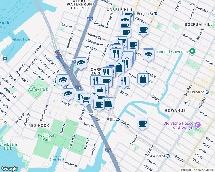 map of restaurants, bars, coffee shops, grocery stores, and more near Court Street in Brooklyn