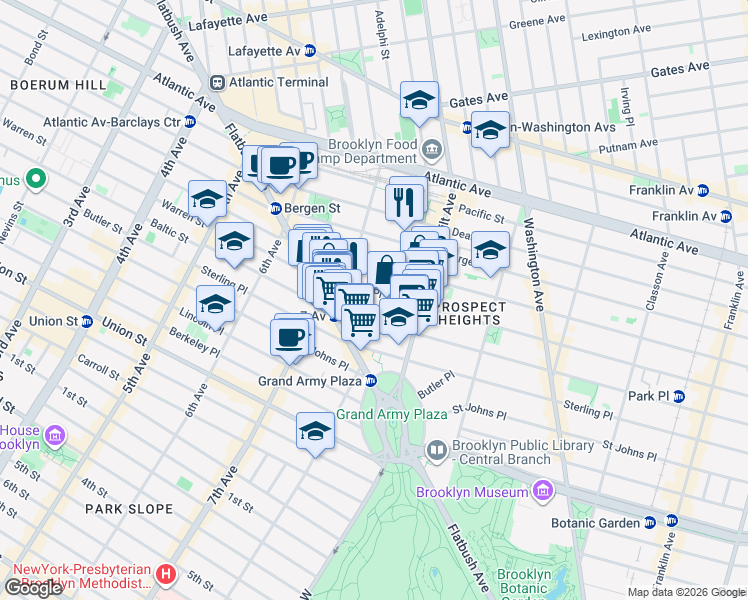 map of restaurants, bars, coffee shops, grocery stores, and more near 180 Prospect Place in Brooklyn