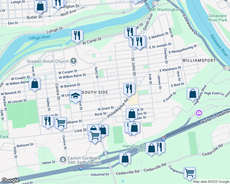 map of restaurants, bars, coffee shops, grocery stores, and more near 322 West Lincoln Street in Easton