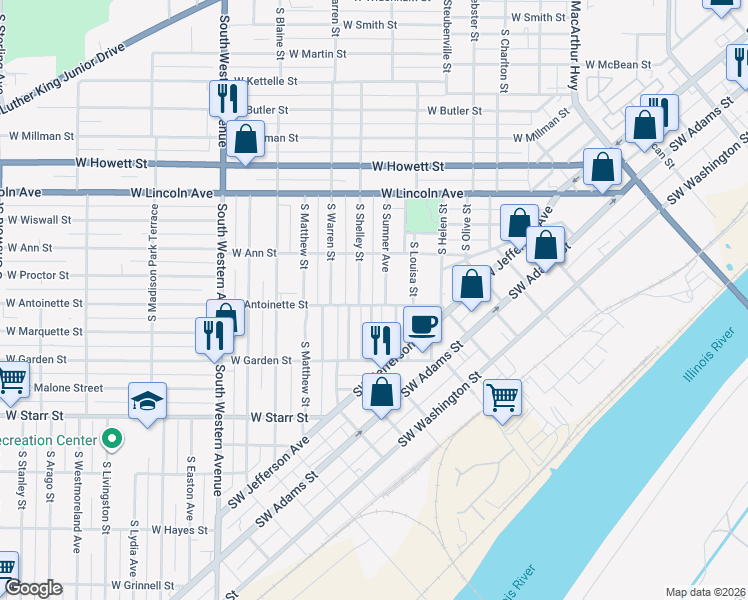 map of restaurants, bars, coffee shops, grocery stores, and more near 1429 West Antoinette Street in Peoria