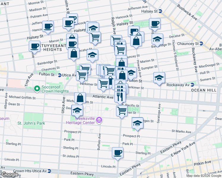 map of restaurants, bars, coffee shops, grocery stores, and more near 919 Herkimer Street in Brooklyn
