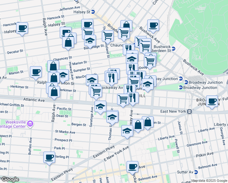 map of restaurants, bars, coffee shops, grocery stores, and more near 195 Thomas S Boyland Street in Brooklyn