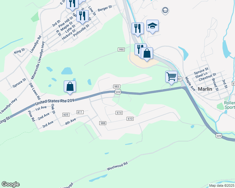 map of restaurants, bars, coffee shops, grocery stores, and more near 1484 Bunting Street in Pottsville