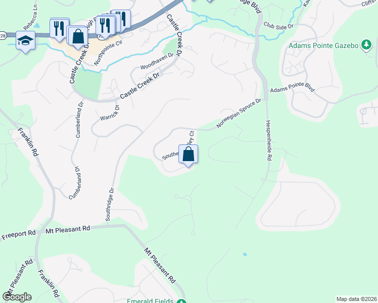 map of restaurants, bars, coffee shops, grocery stores, and more near 124 Southern Valley Court in Mars