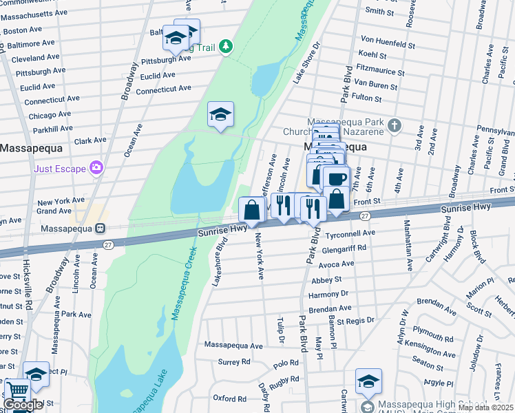 map of restaurants, bars, coffee shops, grocery stores, and more near 2 Jefferson Avenue in Massapequa Park