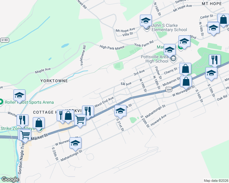 map of restaurants, bars, coffee shops, grocery stores, and more near 2050 King Avenue in Pottsville