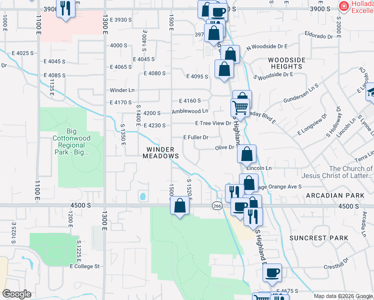 map of restaurants, bars, coffee shops, grocery stores, and more near 1528 East Fuller Drive in Millcreek