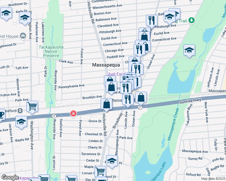 map of restaurants, bars, coffee shops, grocery stores, and more near 79 Pennsylvania Avenue in Massapequa