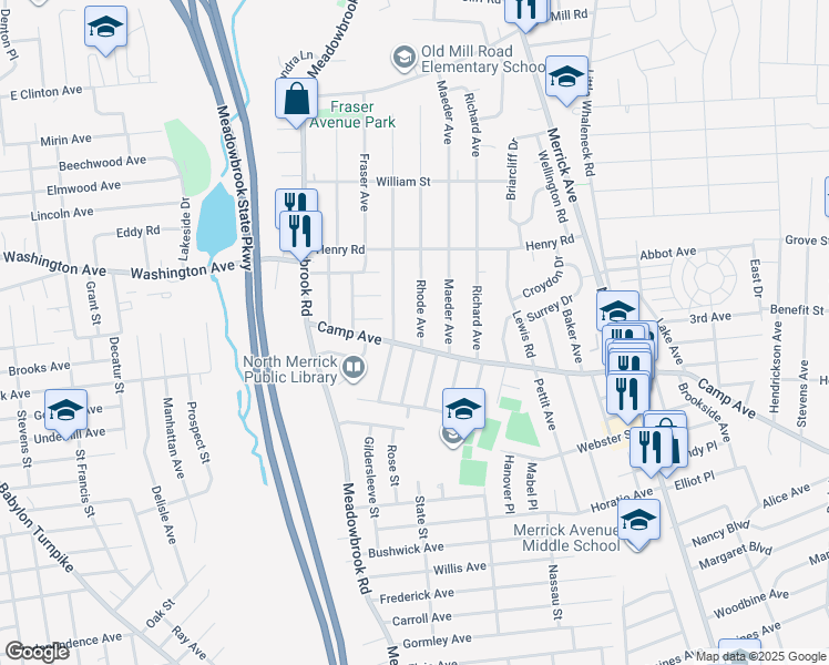 map of restaurants, bars, coffee shops, grocery stores, and more near 15 Rhode Avenue in Merrick