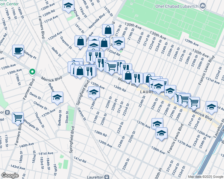 map of restaurants, bars, coffee shops, grocery stores, and more near 134-25 219th Street in Queens