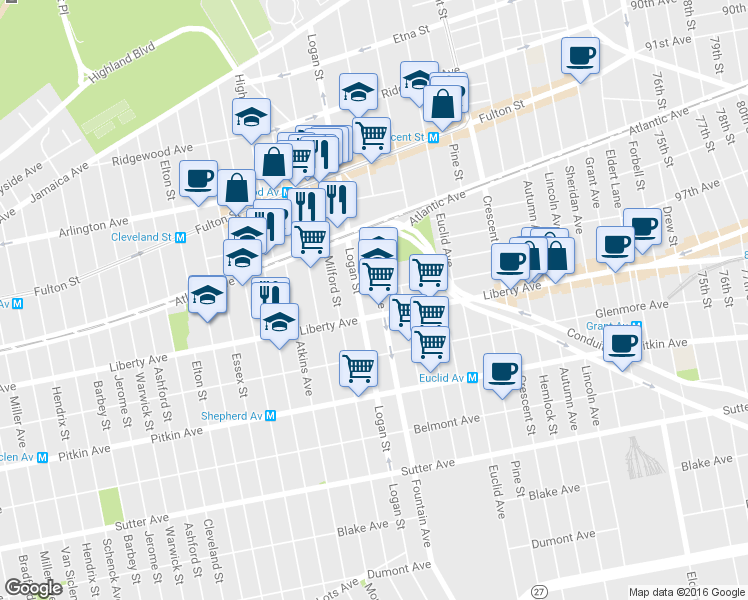 map of restaurants, bars, coffee shops, grocery stores, and more near 68 Fountain Avenue in Brooklyn