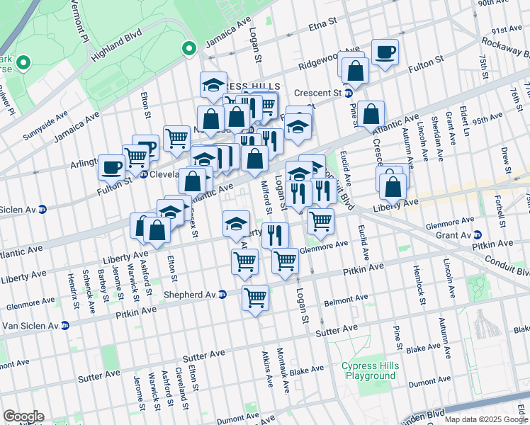 map of restaurants, bars, coffee shops, grocery stores, and more near 47 Milford Street in Brooklyn